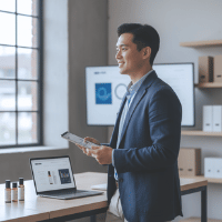 Professional man presenting with tablet and laptop in office, representing a DTC gadget brand owner sharing his experience at Chak.ai Academy.