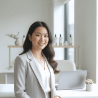 Confident woman in a modern workspace smiling at the camera, representing a studio owner who learned funnels and content planning at Chak.ai Academy.