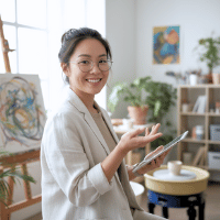 Smiling woman sitting in an art studio with tablet in hand, representing a beauty brand founder sharing her testimonial for Chak.ai Academy.