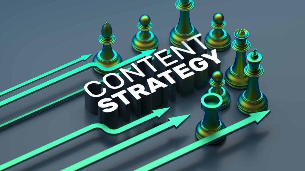 An abstract image with the words CONTENT STRATEGY, surrounded by chess pieces and arrows, symbolizing strategic planning.