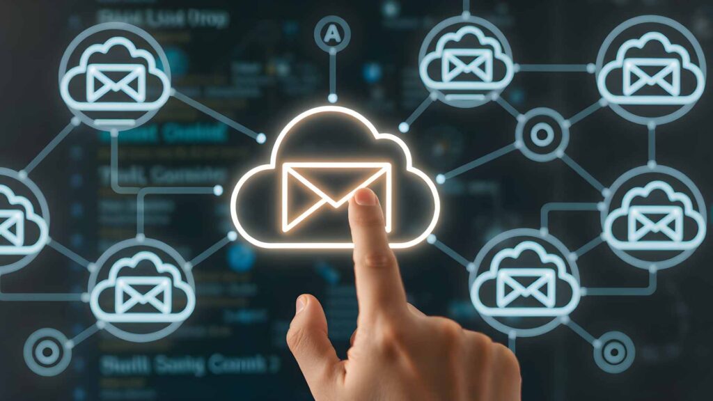 A person's finger touching a glowing email icon on a digital screen, representing email marketing automation and a cloud-based network.