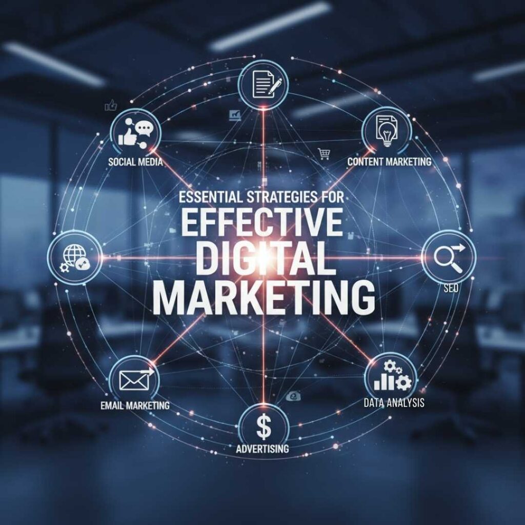 A central diagram showing "Essential Strategies for Effective Digital Marketing" with interconnected icons for Social Media, Content Marketing, SEO, Data Analysis, Advertising, and Email Marketing.