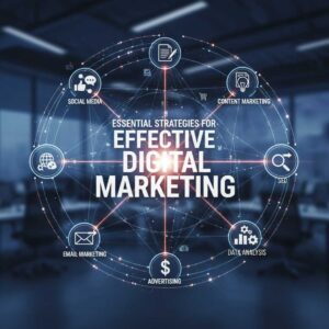 一個中央圖表顯示「有效數碼營銷的基本策略」，並附有社交媒體、內容營銷、SEO（搜尋引擎優化）、數據分析、廣告和電郵營銷的互連圖示。