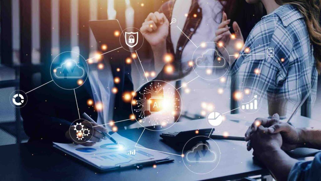 A business team in a meeting with a futuristic overlay of icons for AI, automation, data analytics, and cloud computing.