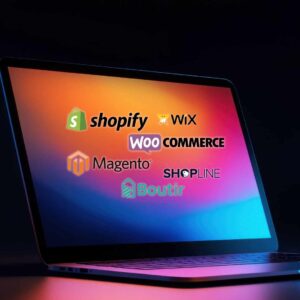 香港最佳電商平台比較圖，畫面顯示筆記型電腦螢幕上的 Shopify、Shopline 及 WooCommerce 標誌。